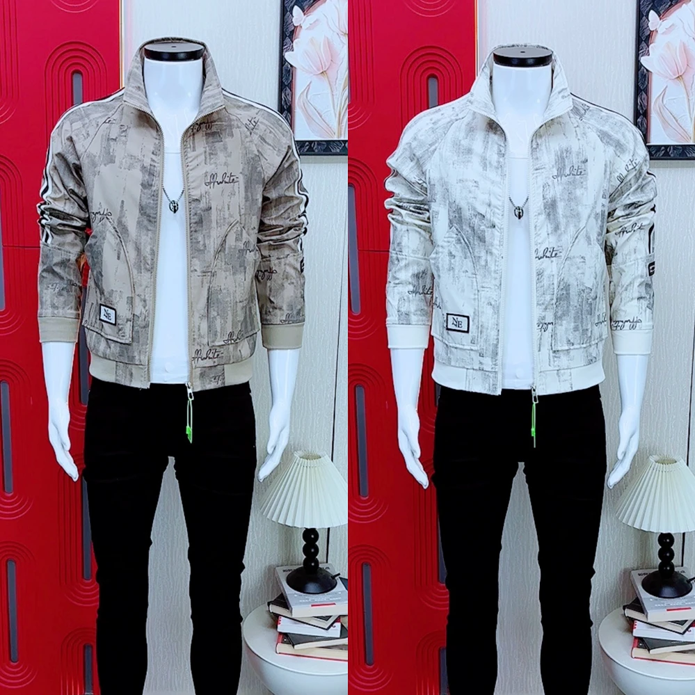 男士立领夹克时尚休闲复古花纹秋冬新款印花潮流迷彩外套男士外套