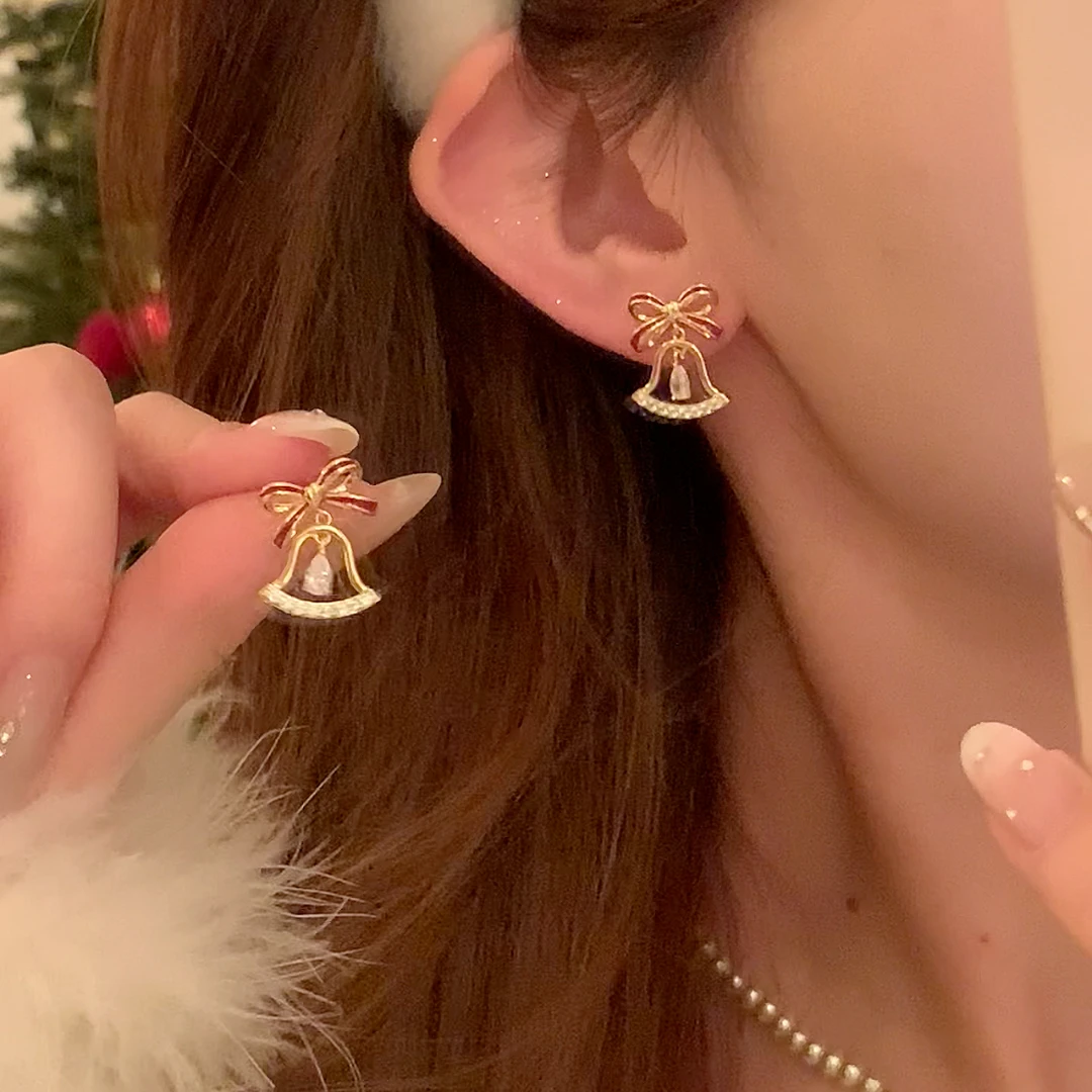 铜合金锆石耳饰 圣诞限定闪锆蝴蝶结铃铛耳环女气质小众耳针耳饰