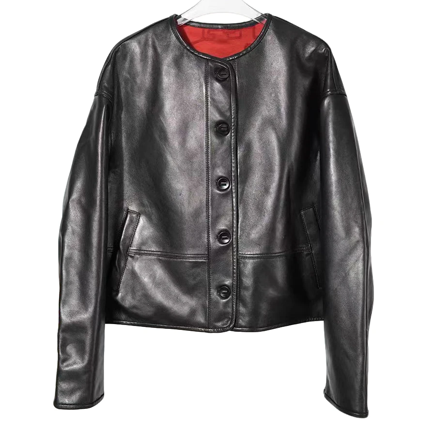 两面穿国风宽松外套女款短款时尚休闲百搭女士黑色真皮【1817】