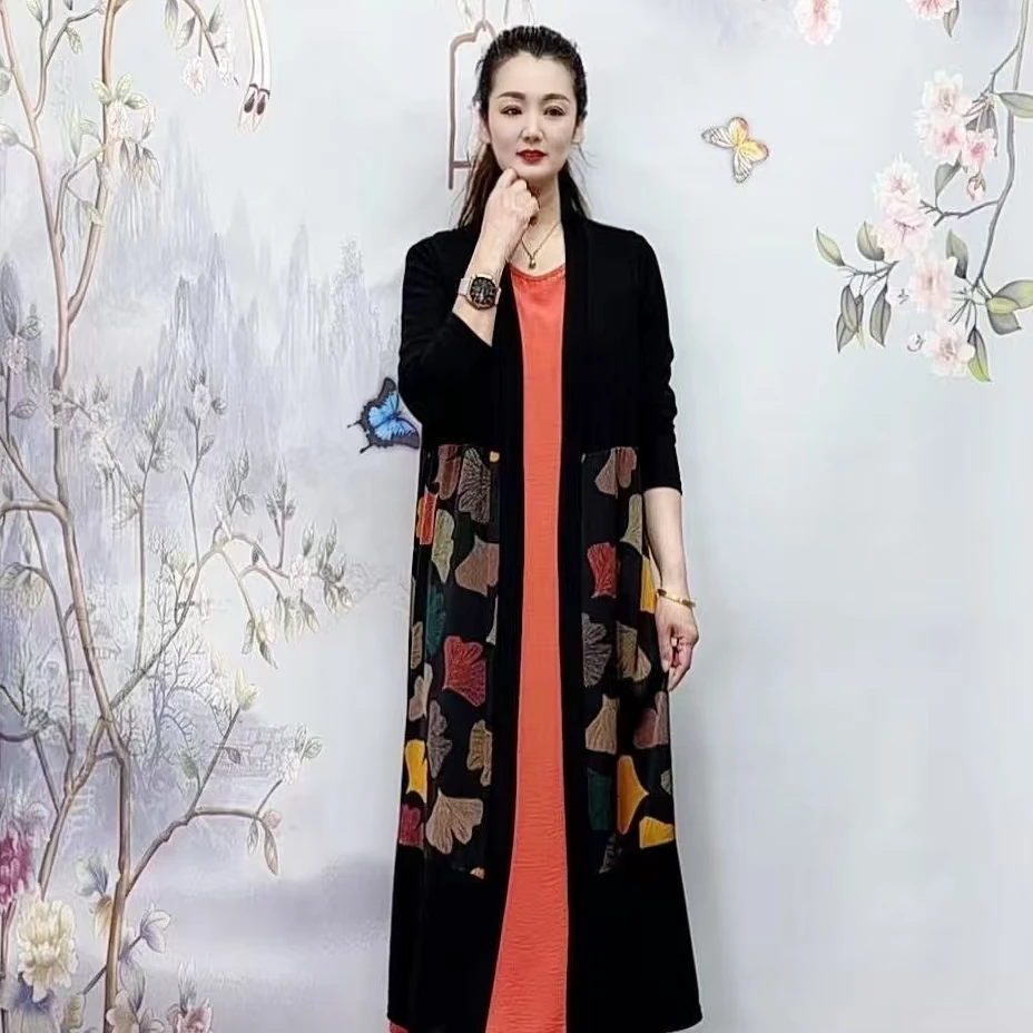 2501夏季气质时尚百搭宽松显瘦长款洋气外搭开衫长袖拼色春夏外套