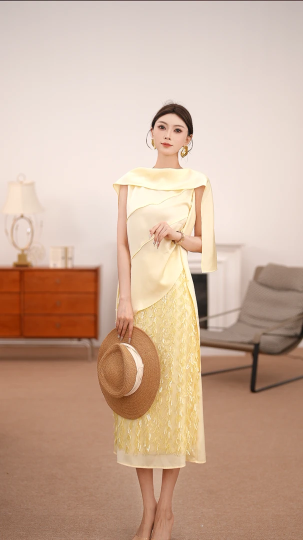 【芝芝】流动美学 | 法式鹅黄千金飘带上衣 珠片流苏半裙YL0328