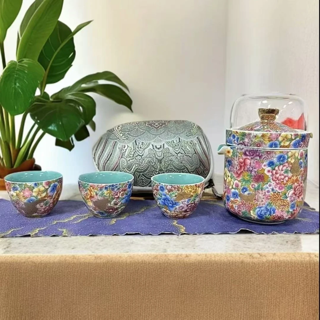 高端珐琅彩繁花似锦一壶三杯带包户外便携式旅行茶具