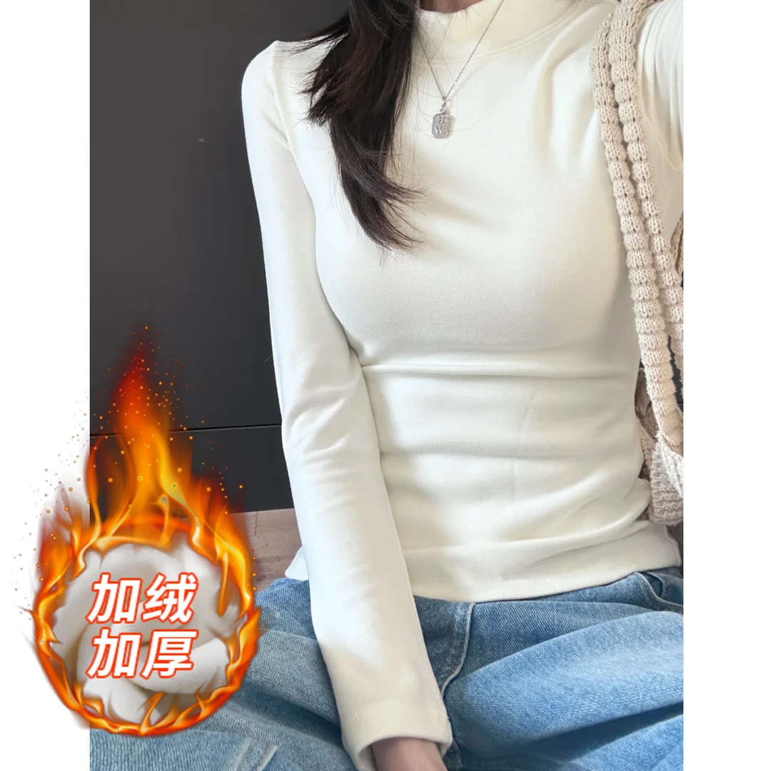 加绒加厚上衣秋衣半高领长袖t恤女修身显瘦冬季内搭打底衫一体绒