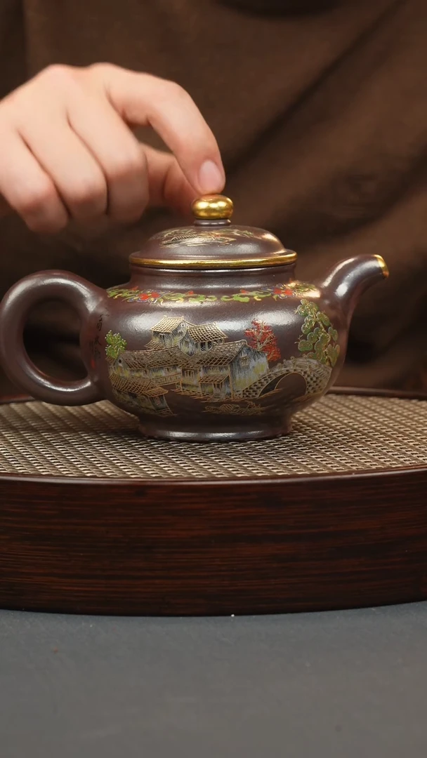 【闪购商品】紫砂茶壶石红 掇只 忆江南珐琅彩