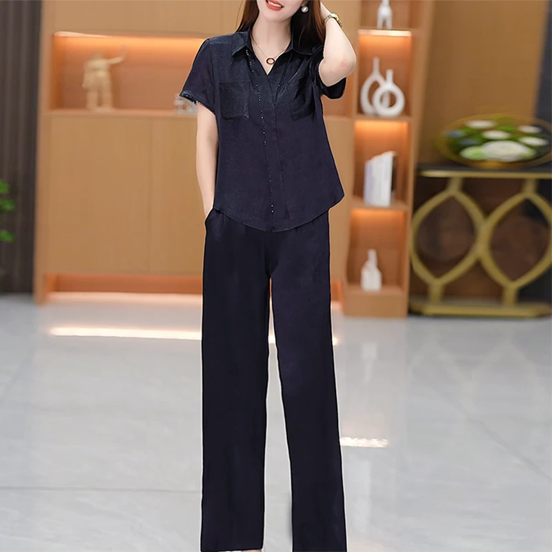 时尚减龄两件套装大码夏装新款显瘦洋气质宽松上衣高档直筒裤中年