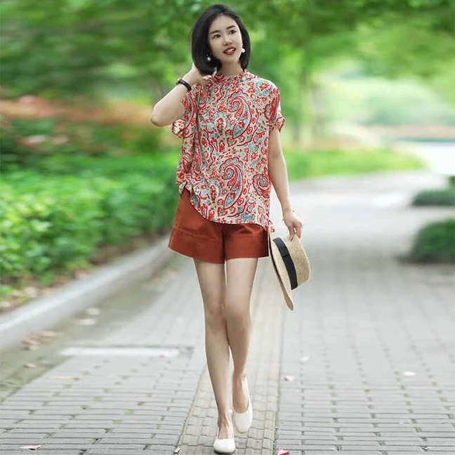 时尚套装碎花复古衬衫2025夏季休闲短款短袖短裤中国风印花女潮