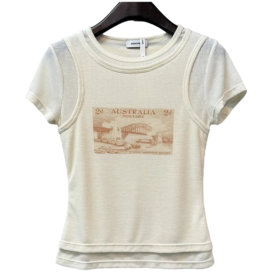 MSKIN6复古印花假两件短袖tee女夏季显瘦修身天丝面料时髦减龄