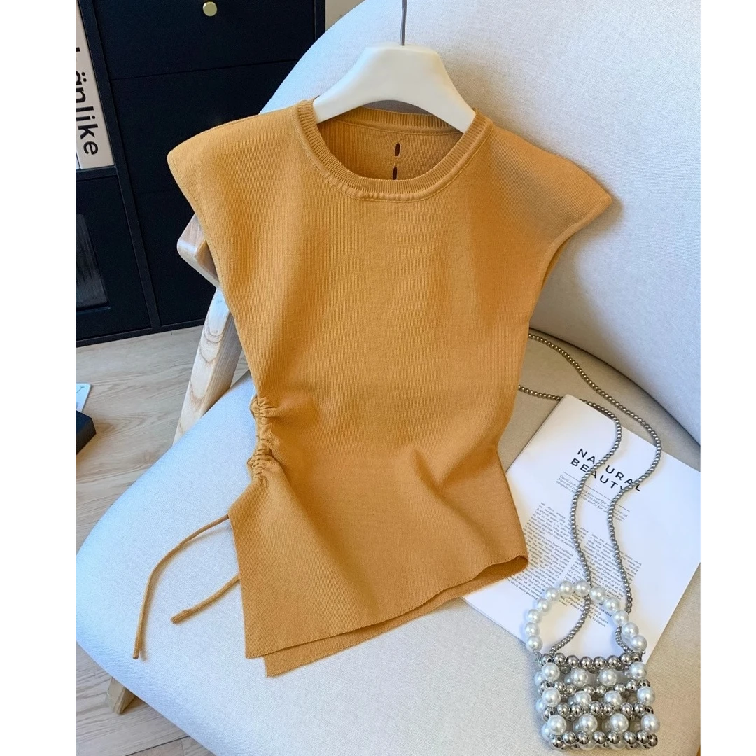 亲肤好穿不扎！2025夏季新款小飞袖掐腰抽绳不规则短款无袖上衣女