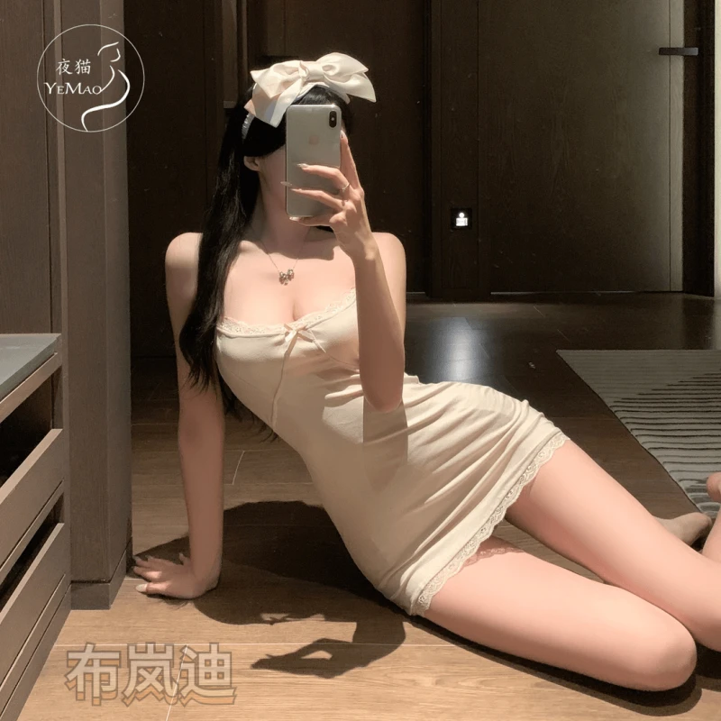 纯欲性感夏季人棉吊带纯色修身睡衣连衣裙可外穿裙子下摆蕾丝花