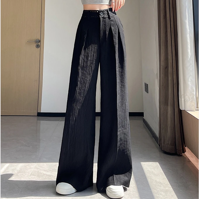 夏季薄款镂空蕾丝拼接阔腿裤女冰丝肌理感纹路窄版宽松直筒休闲裤