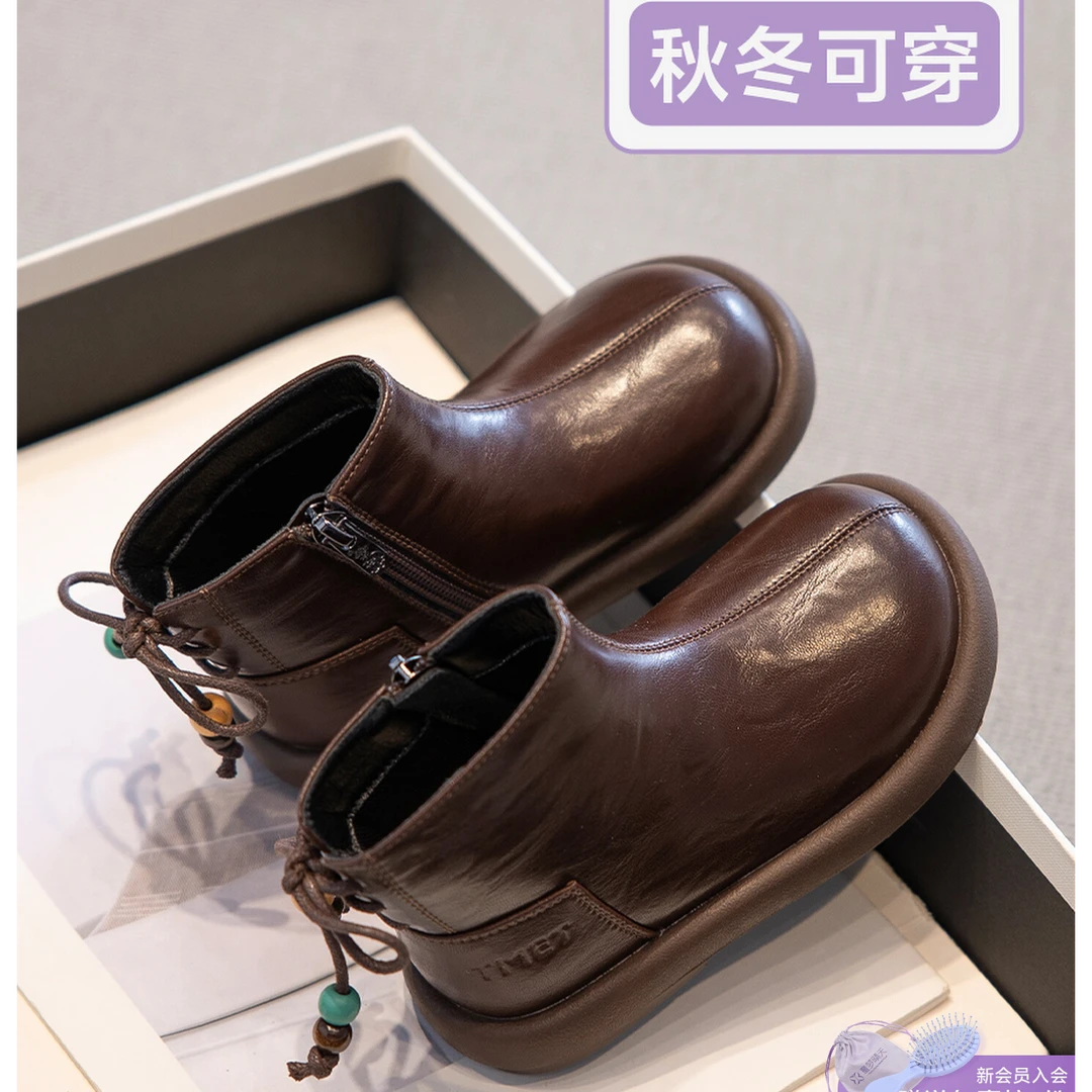 真皮儿童靴子女童短靴秋冬2025新款女宝马丁靴加绒小女孩二棉皮靴