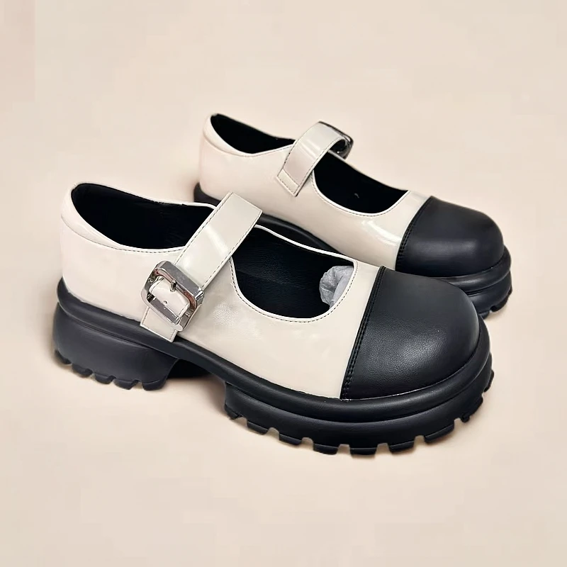 Q6301米色厚底小皮鞋女甜酷玛丽珍女鞋2025新款春秋鞋子学院风鞋