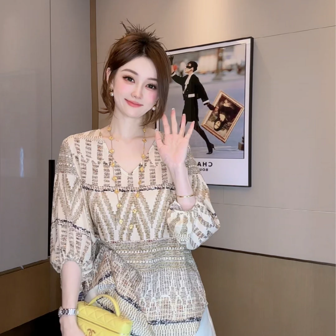 【丝芙玉禄】（F833）100%真丝双绉创意复古印花宽松桑蚕丝t恤上衣