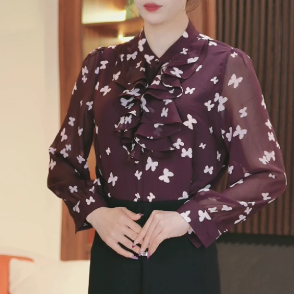 新款紫胡蝶花长袖轻奢衬衫春季高端气质文艺小衫上衣0222-K