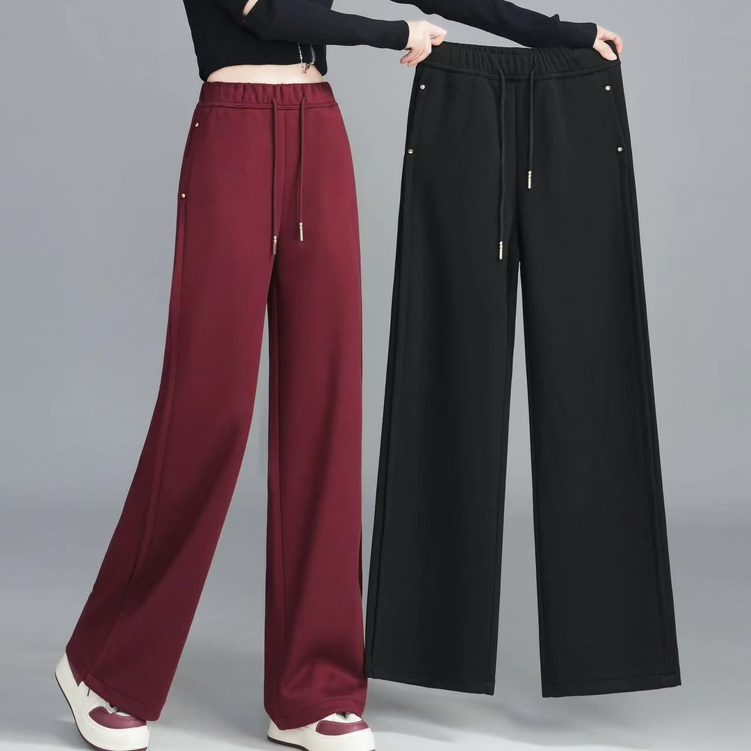 7889【裤长100】薄绒加厚毛呢阔腿裤女2024秋冬新款百搭直筒休闲裤