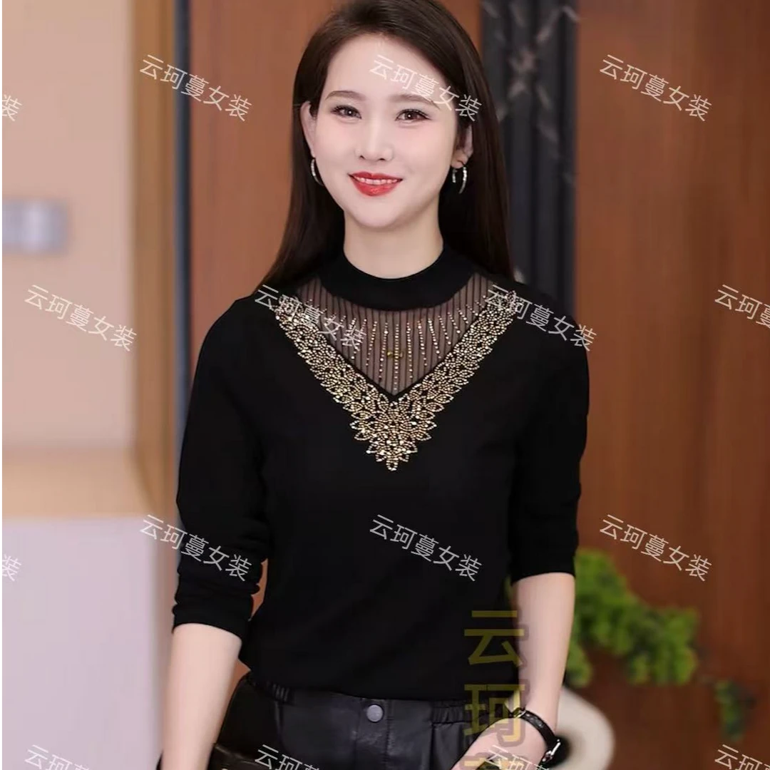 YUNKEMAN/云珂蔓烫钻外穿内搭洋气时尚春季半高领打底衫大码修身