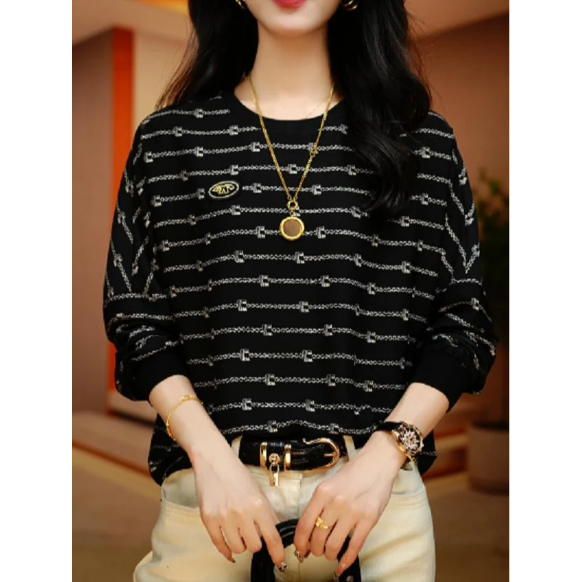 春季新款圆领长袖t恤女撞色印花条纹打底衫宽松减龄时尚百搭上衣