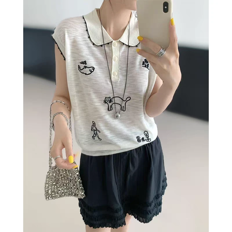 【丽鑫】小猫花朵刺绣竹节麻针织衫