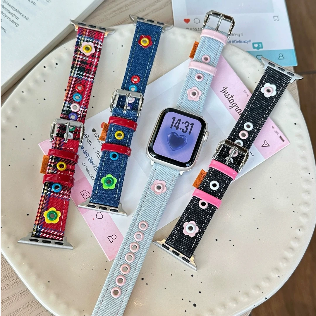 适用苹果手表iwatch多巴胺花花牛仔表带小米910pro华为vivogt表带