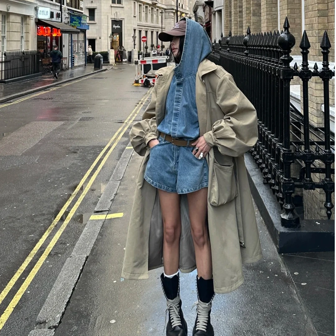 2025早秋新款时尚风衣 连帽工装风衣女中长款时尚休闲宽松外套女