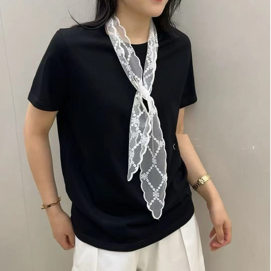 8092夏季新款蕾丝飘带搭配圆领宽松柔软舒适简约短袖T恤女