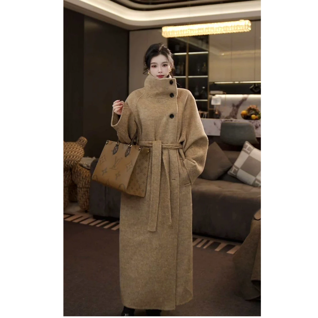 2025秋冬原创新品韩系慵懒风宽松翻领长款加厚羊毛大衣