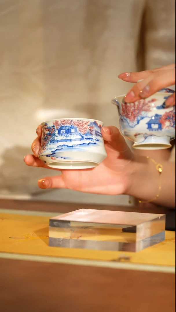 MS沐茗古韵青花釉里红山水盖碗+杯