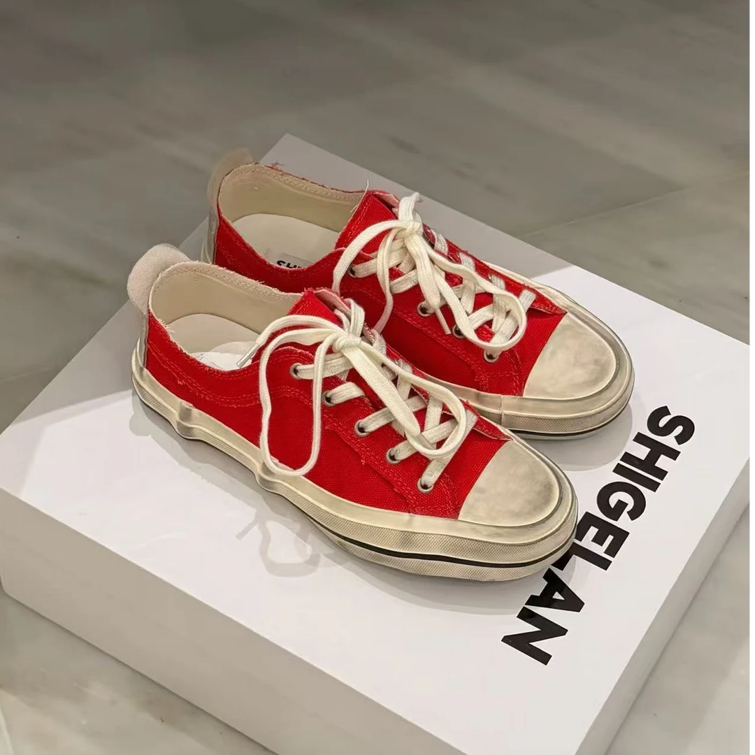 诗歌兰帆布女鞋休闲健步厚底时尚百搭休闲板鞋春系带做旧韩板鞋