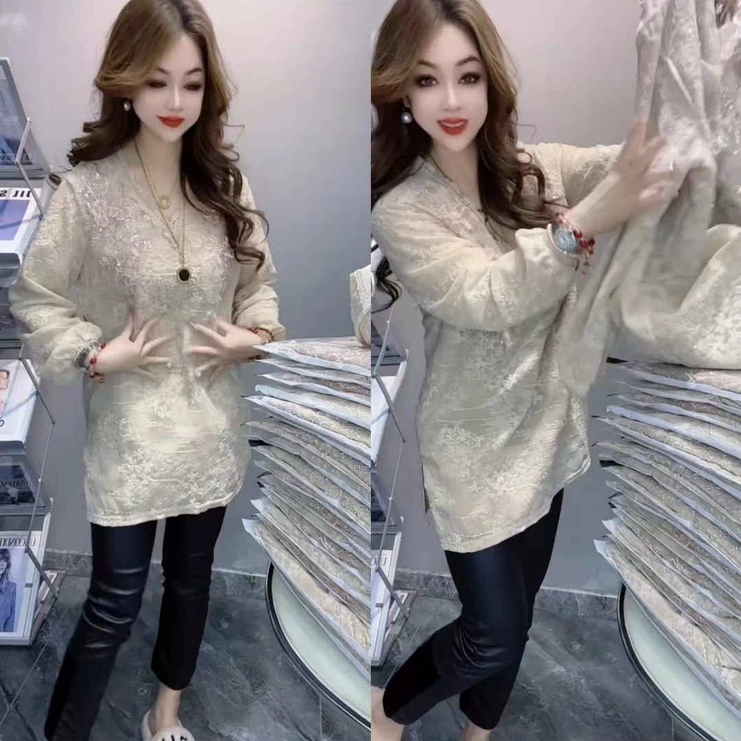 新款重工串珠大衫宽松显瘦气质百搭V领上衣时尚洋气休闲长袖杉女