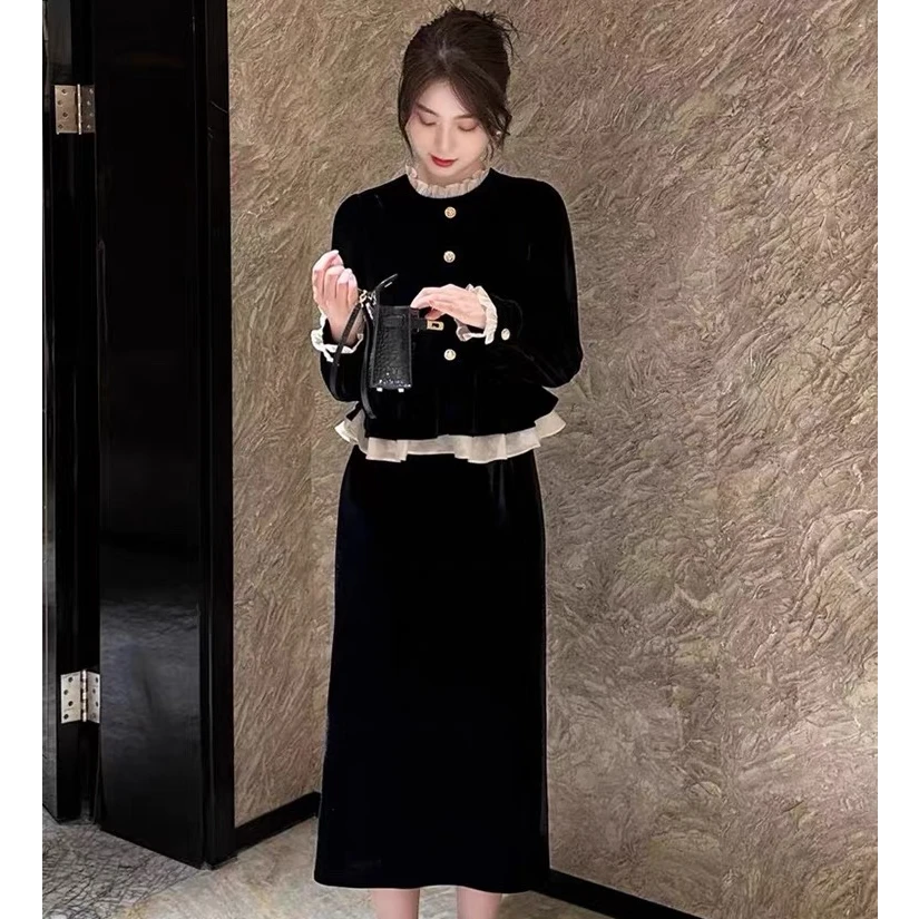 2025大码春秋微胖妹妹MM法式小香赫本风遮肚显瘦假两件套连衣裙女