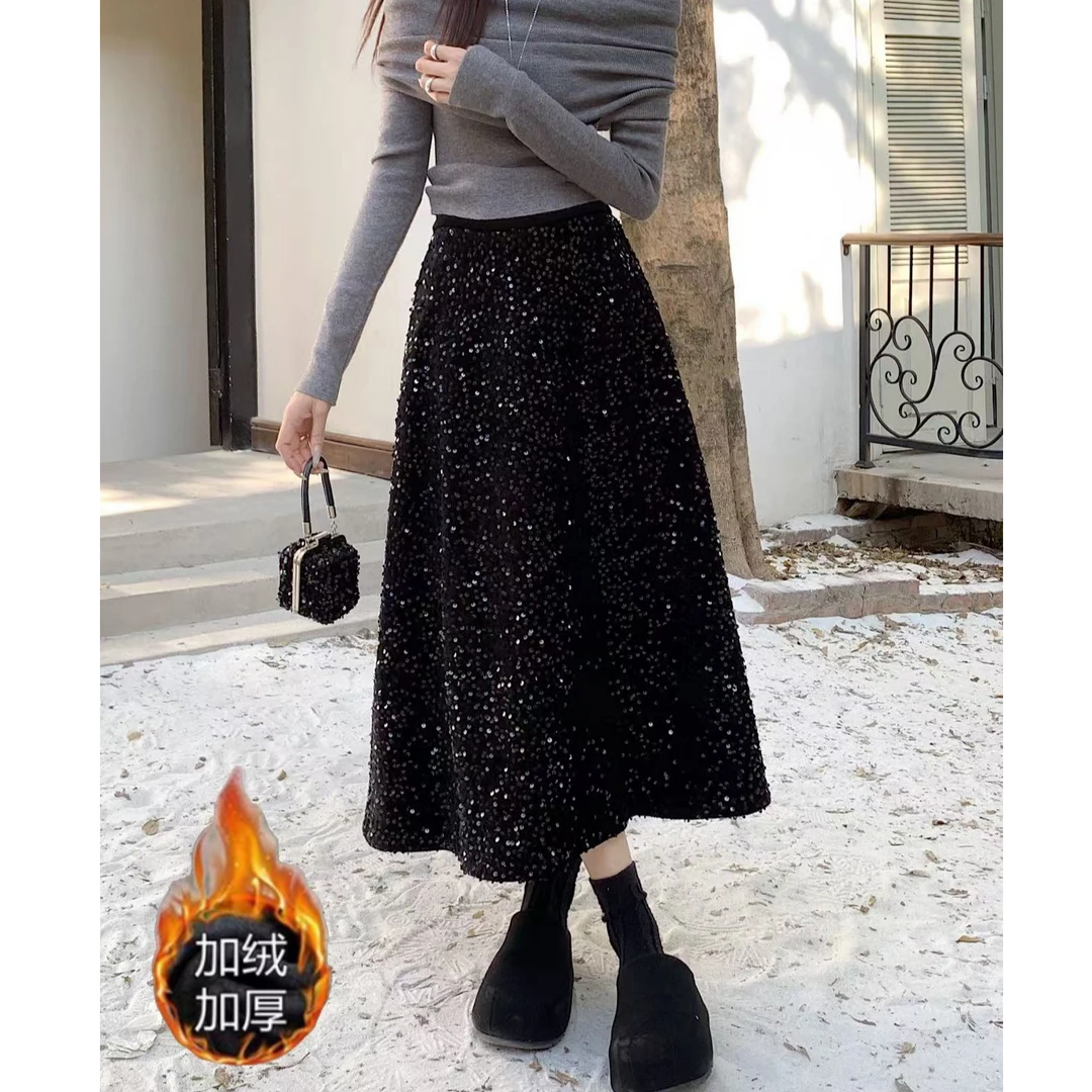 大码女装胖MM秋冬季加绒加厚亮片半身裙6818
