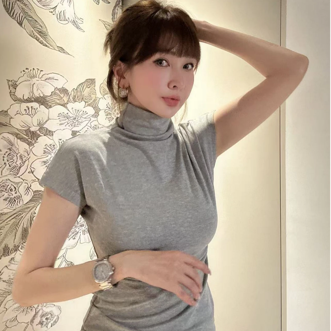 Noble.L 灰色高领短袖T恤夏季紧身纯色半袖修身显瘦百搭洋气时尚