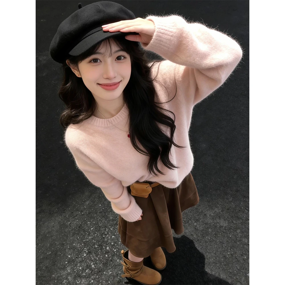 parkyeon甜美风韩系穿搭粉色长袖针织毛衣女小个子显瘦半身裙套装