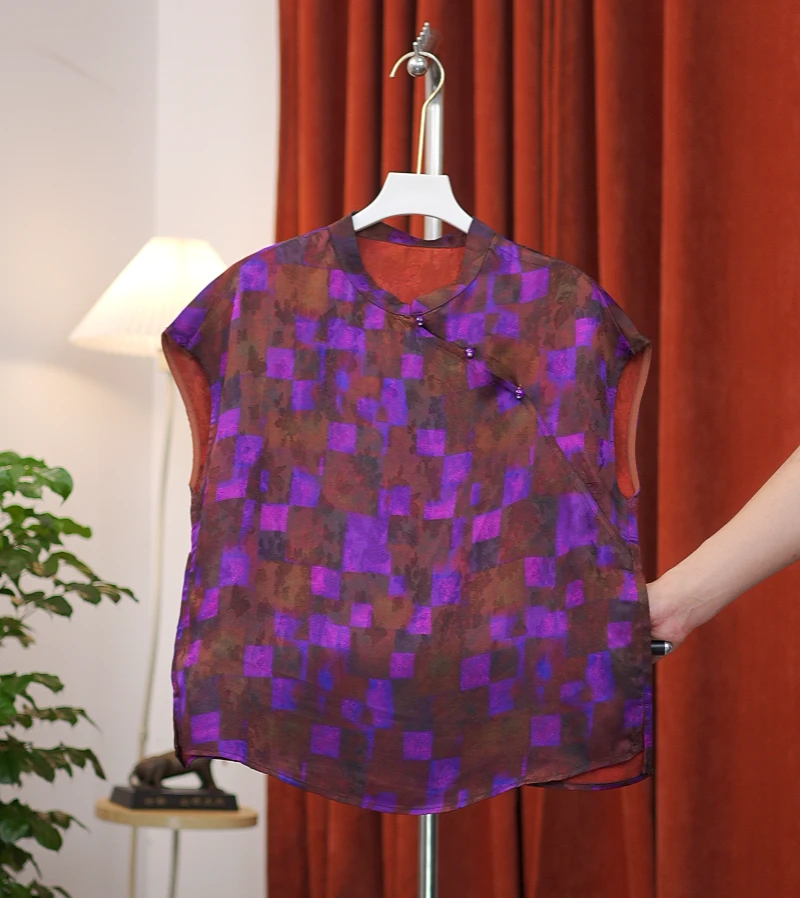 [紫方子]新中式高定立领斜襟真丝香云纱短袖小衫百搭宽松显瘦女