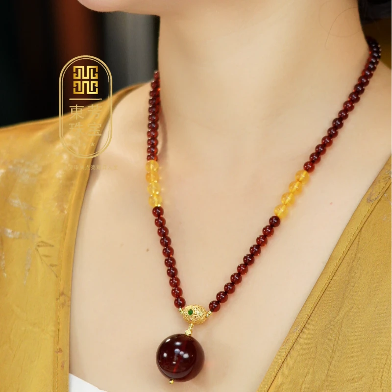 東芳珠宝-23mm缅甸天然琥珀血珀项链单珠琥珀项链时尚百搭民族风