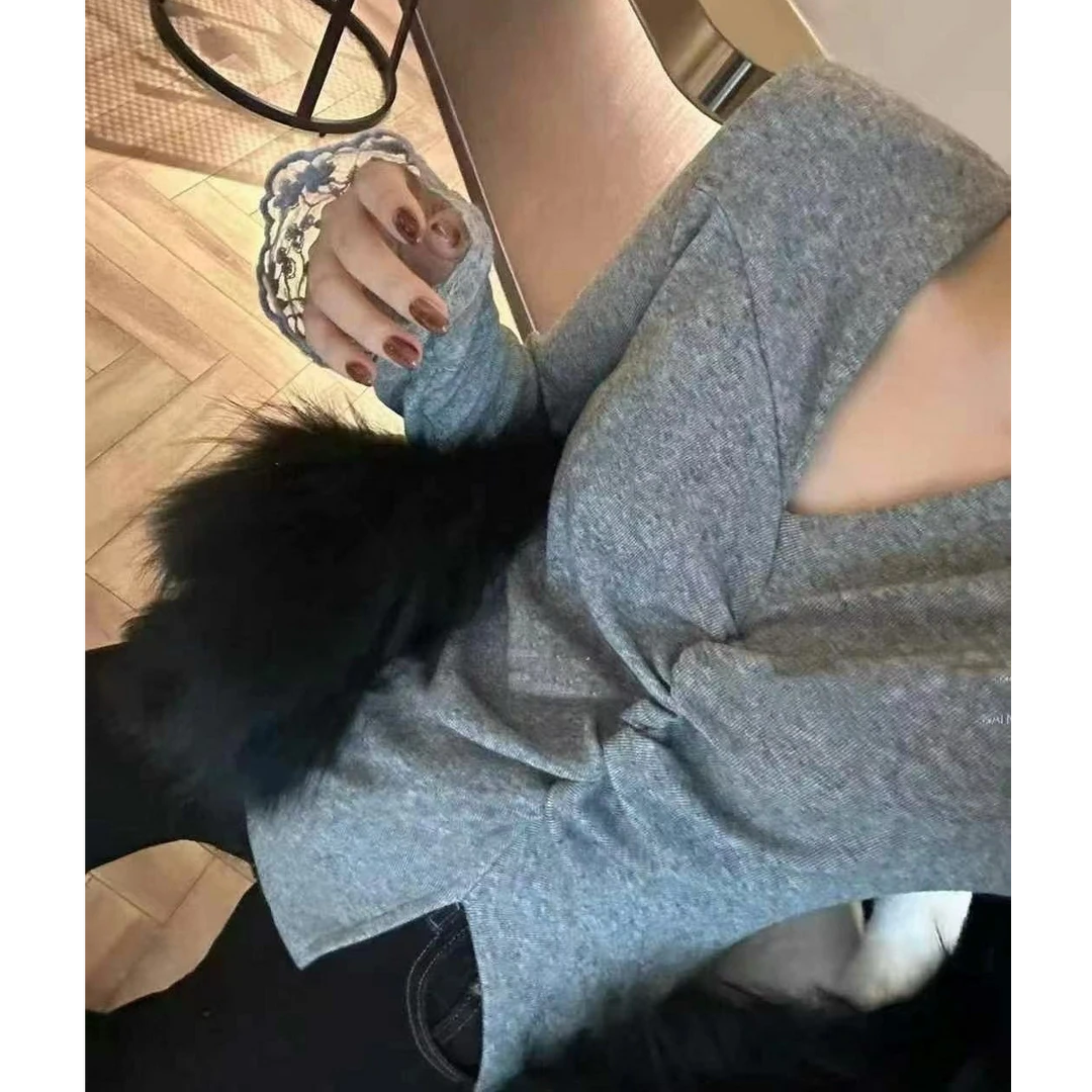 NICE圈圈、V领纯欲风褶皱开叉抓绒辣妹上衣T恤A9175