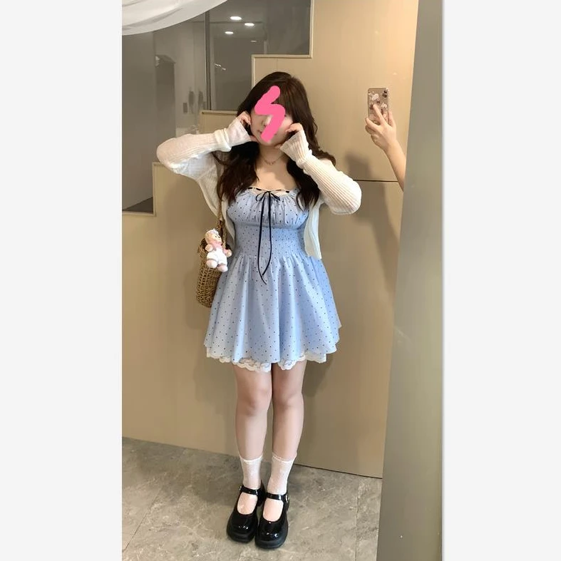 大码女装2025夏季新款微胖甜美蕾丝花边吊带裙松紧腰遮肚显瘦套装