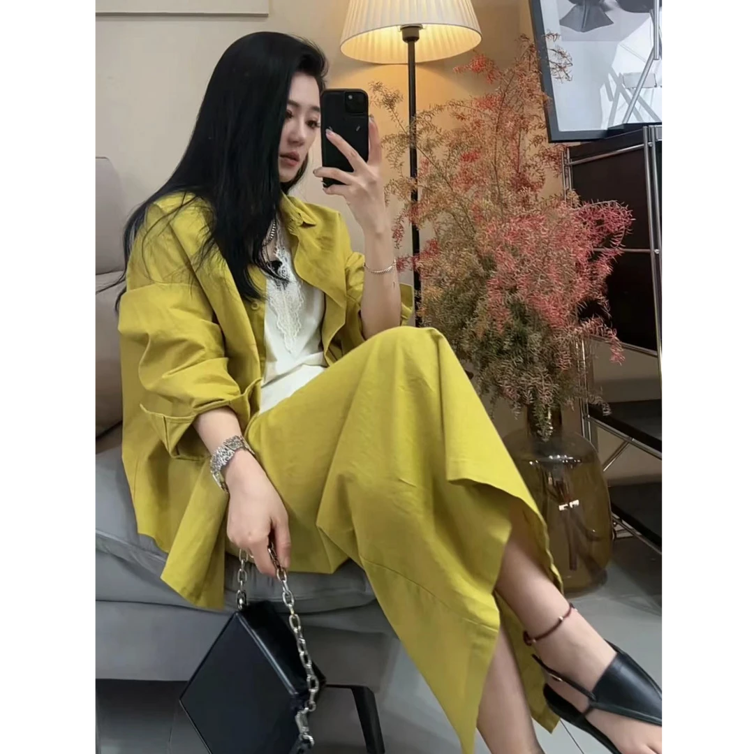 防晒亚麻衬衫女夏季高级感衬衣设计感小众宽松松紧腰半身裙套装女