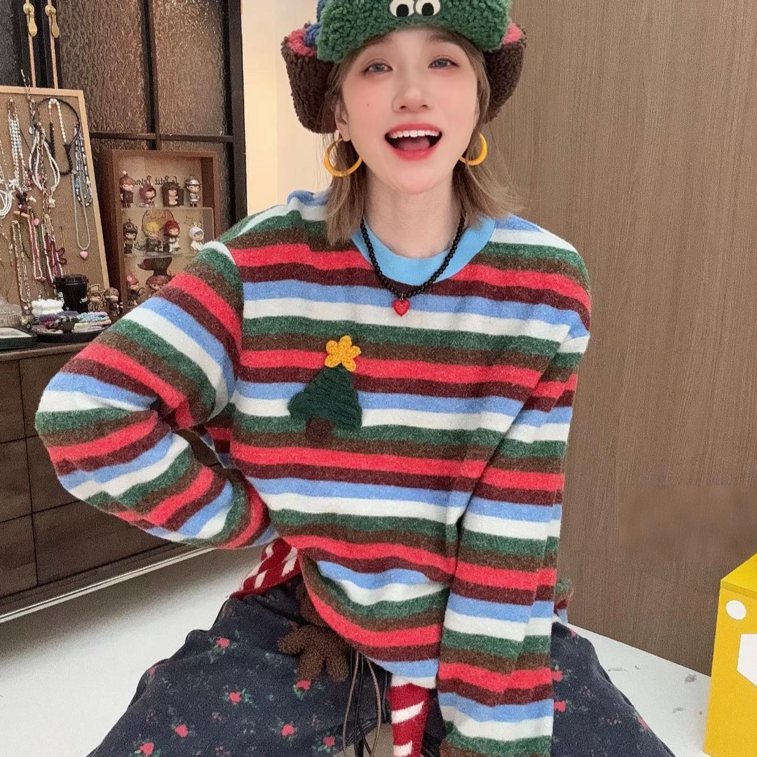 ⌜圣诞树Tee⌟冬季新款女士打底圆领磨毛长袖T恤宽松百搭上衣-5555