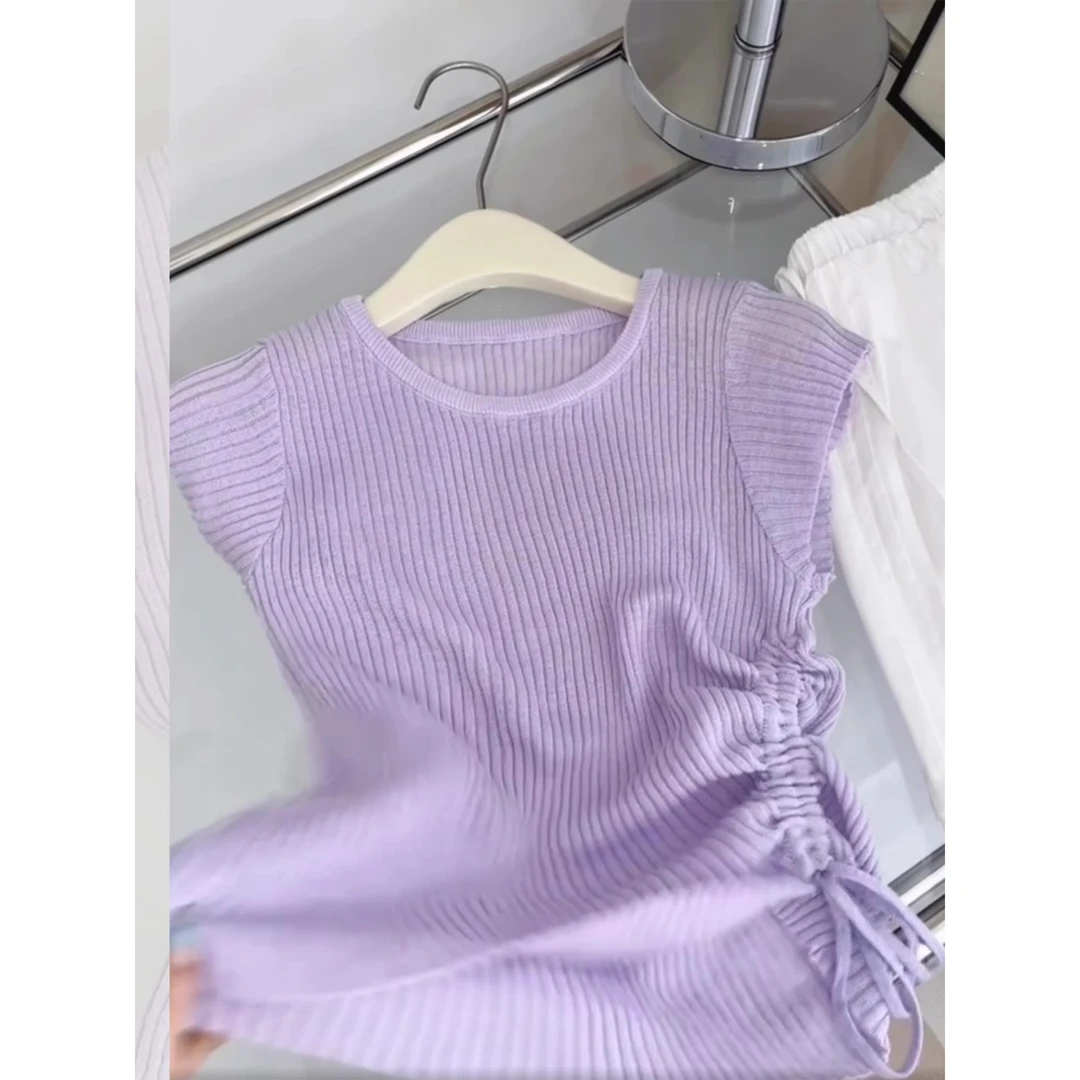 韩系香芋紫小飞袖短袖正肩t恤女夏季不规则系带短款冰丝针织上衣