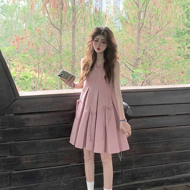 时髦孕妇装新款蝴蝶结压褶无袖背心高级设计感减龄显瘦时尚连衣裙