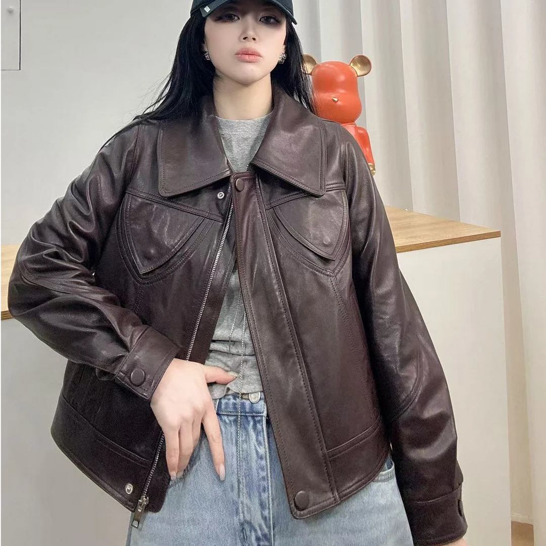 真皮头层油蜡绵羊皮女士短款外套25479时尚休闲百搭美拉德色系