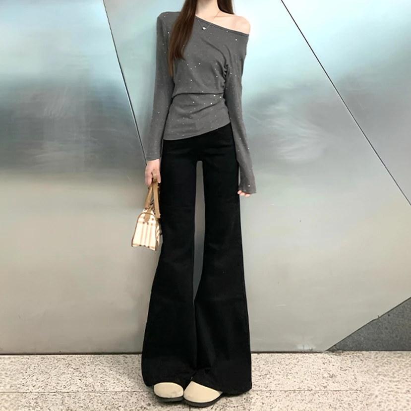 黑色微喇牛仔裤女春秋新款低腰显瘦弹力百搭拖地不贴腿喇叭裤子潮