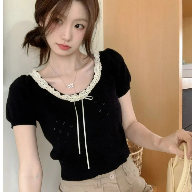 miu系设计感镂空蕾丝花边蝴蝶结泡泡短袖t恤女夏季冰丝针织衫上衣