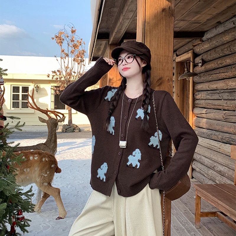 2025秋冬新款小羊提花设计感针织开衫女甜美宽松显瘦休闲百搭上衣