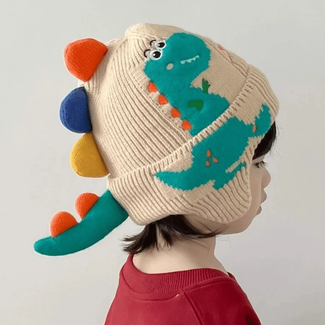 小恐龙卡通护耳帽男宝宝针织帽婴儿新款儿童毛线保暖帽女孩防风帽