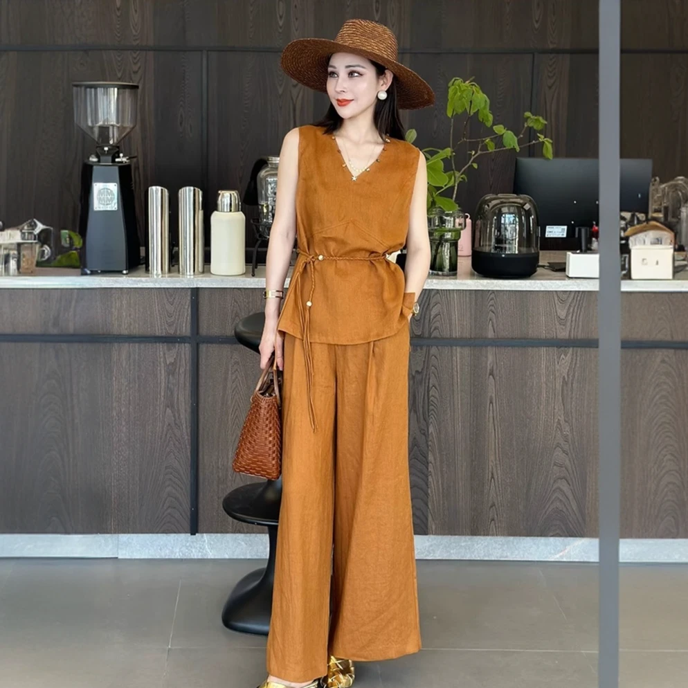 老钱风V领夏季亚麻度假风钉珠无袖收腰V领上衣直筒裤女士两件套装