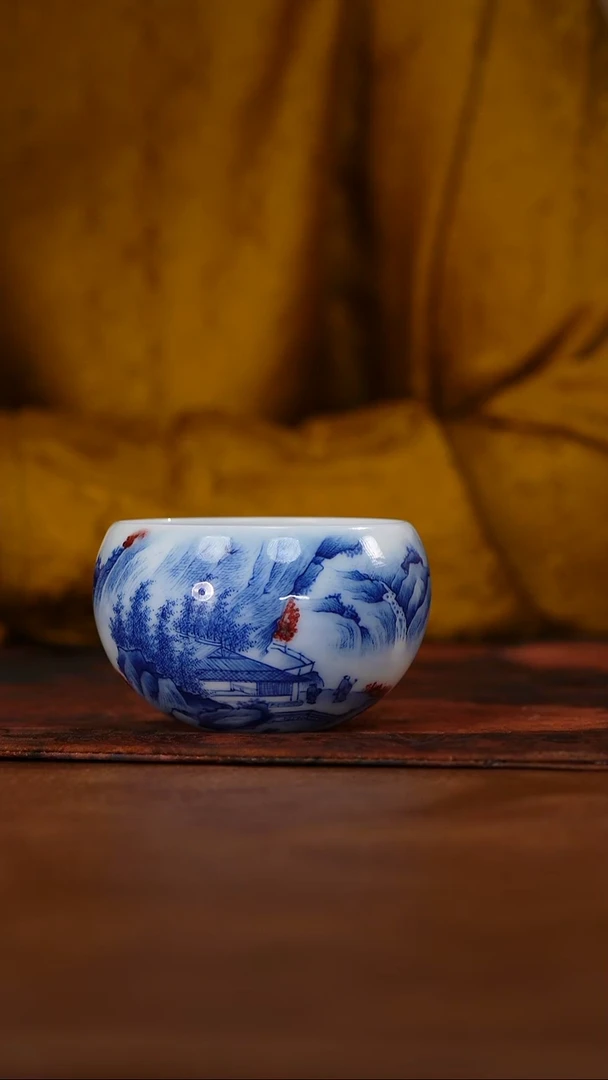 画堂春釉里红山水墩墩杯@@htc1421