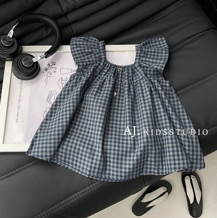 女童夏季新款格子T恤背心洋气女宝宝小飞袖休闲短袖上衣