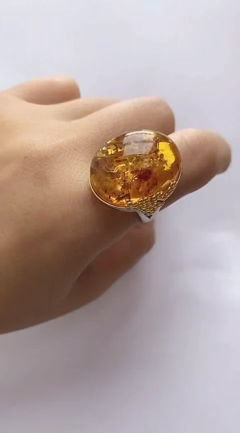 【闪购商品】琥珀裸石银S925镶嵌花珀戒指